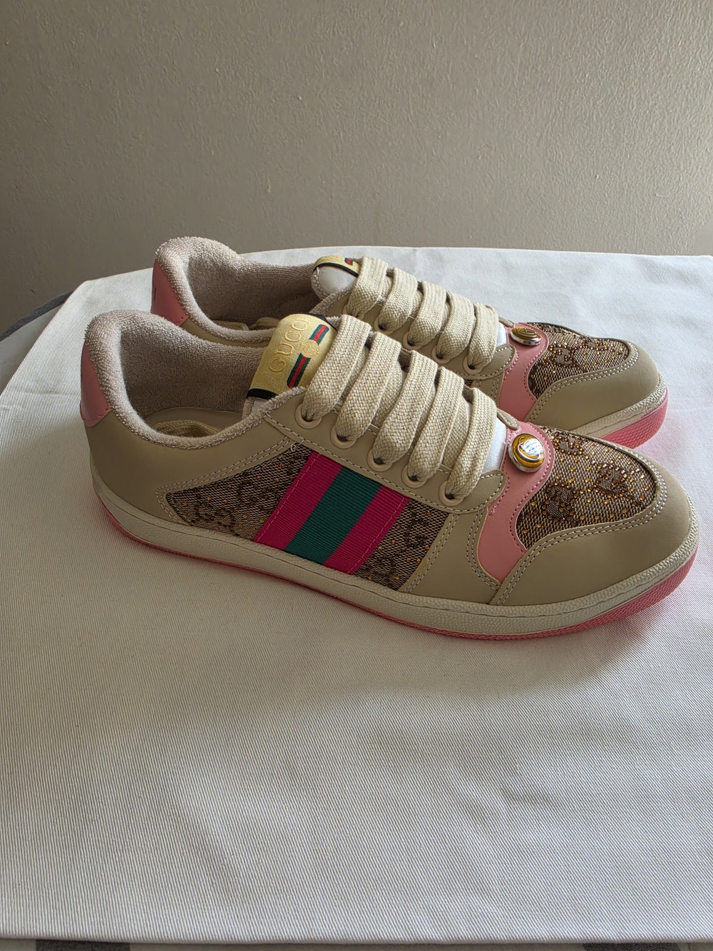 Beige Sneakers with Pink & Green Stripe
